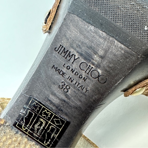 JIMMY CHOO Leather Snake Embossed Tan and Brown Wood High Heels. Size 38 US 8 - Picture 12 of 15